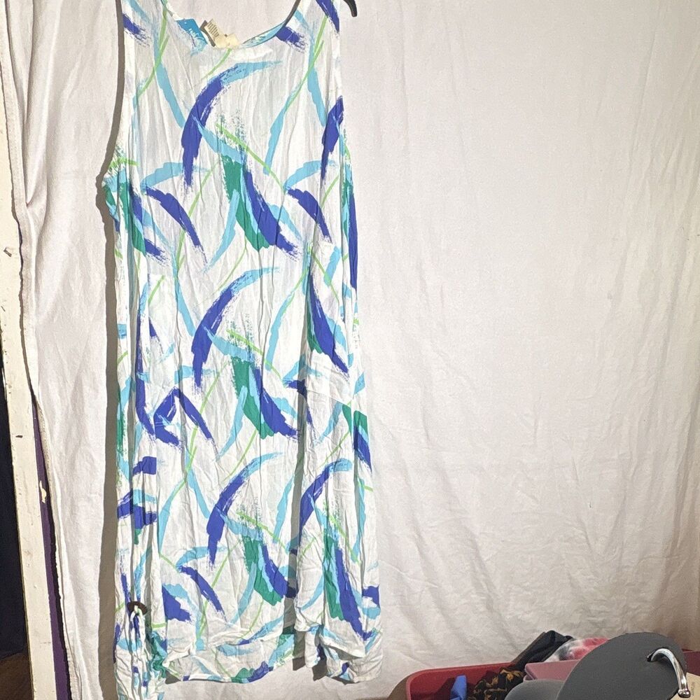 Water Lily 3X Maxi Dress Sleeveless Scoop Neck Long Abstract White Blue Green